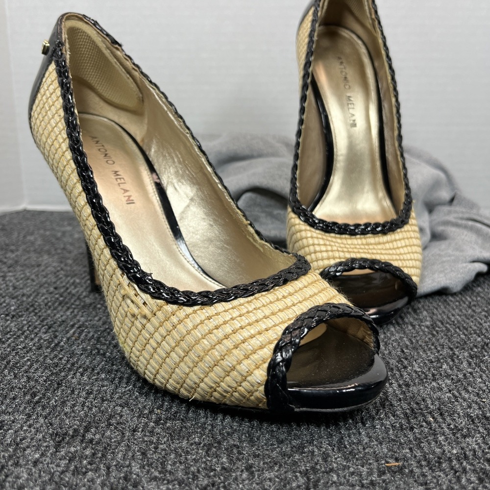 Antonio Melani Woven Peep Toe Heels Size 8.5 Raffia Tan Black Quiet Luxury